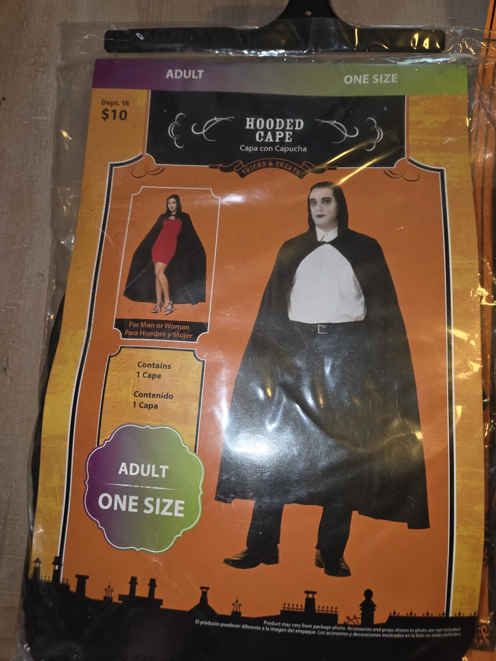 Vampire Hooded Cape Costume with Vampire Kit - Black Adult One Size NWT